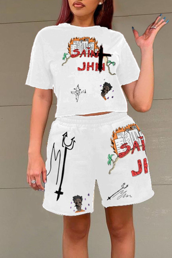 White Casual Street Print Patchwork O Neck Short Sleeve Two Pieces