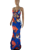 Deep Blue Sexy Print Hollowed Out Patchwork Spaghetti Strap Straight Dresses