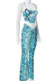 Blue Sexy Street Print Bandage Patchwork Backless Sleeveless Two Pieces