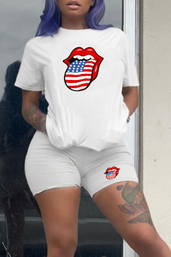 White Casual Lips Printed Patchwork O Neck Short Sleeve Two Pieces