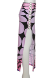 Purple Sexy Print Cross Straps O Neck Short Sleeve Two Pieces
