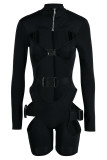 Black Sexy Solid Patchwork See-through Zipper Collar Skinny Rompers