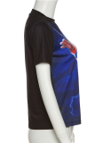 Blue Fashion Print Patchwork O Neck T-Shirts