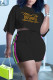 Black Casual Letter Print Patchwork O Neck Short Sleeve Two Pieces