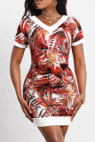 Brick Red Casual Print Patchwork V Neck One Step Skirt Dresses