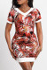 Brick Red Casual Print Patchwork V Neck One Step Skirt Dresses