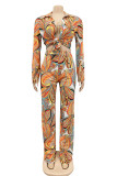 Orange Fashion Casual Print Basic Turndown Collar Long Sleeve Three-piece Set