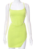 Green Sexy Solid Bandage Patchwork Backless Asymmetrical Spaghetti Strap Sleeveless Two Pieces