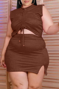 Brownness Sexy Solid Draw String V Neck Plus Size Two Pieces
