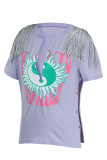Blue Sexy Print Tassel Patchwork V Neck T-Shirts