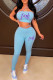 Sky Blue Sexy Print Patchwork Halter Sleeveless Two Pieces