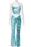 Blue Sexy Street Print Bandage Patchwork Backless Sleeveless Two Pieces
