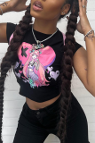 Black Sexy Print Patchwork O Neck T-Shirts
