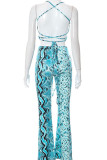 Blue Sexy Street Print Bandage Patchwork Backless Sleeveless Two Pieces