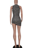 Black Sexy Print Leopard Hollowed Out O Neck Pencil Skirt Dresses