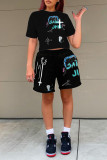Red Casual Street Print Patchwork O Neck Short Sleeve Two Pieces
