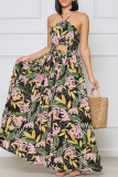Green Sexy Print Hollowed Out Patchwork Backless Spaghetti Strap Straight Dresses