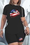 Black Fashion Lips Printed Draw String O Neck Short Sleeve Two Pieces