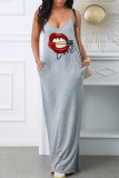 Grey Casual Print Patchwork Spaghetti Strap Long Dress Dresses