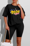 Black Fashion Print Patchwork O Neck Short Sleeve Two Pieces
