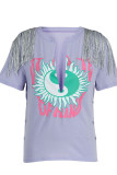 Blue Sexy Print Tassel Patchwork V Neck T-Shirts