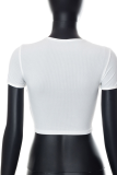 White Sexy Solid Draw String O Neck T-Shirts