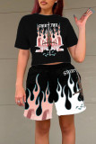 Red Casual Street Print Patchwork O Neck Short Sleeve Two Pieces