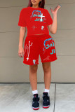 Red Casual Street Print Patchwork O Neck Short Sleeve Two Pieces
