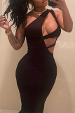 Black Sexy Solid Patchwork One Shoulder Pencil Skirt Dresses