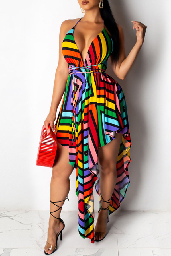 Multi-color Sexy Print Asymmetrical Spaghetti Strap A Line Dresses