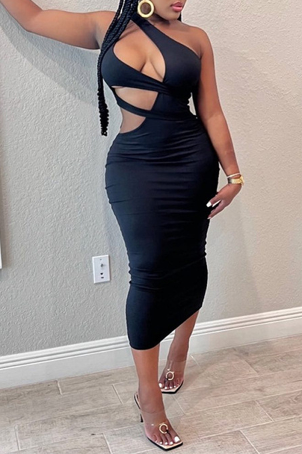 Black Sexy Solid Patchwork One Shoulder Pencil Skirt Dresses