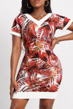 Brick Red Casual Print Patchwork V Neck One Step Skirt Dresses