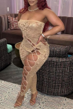 Apricot Sexy Solid Lace Strapless Plus Size