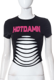 Black Sexy Print Hollowed Out Letter O Neck T-Shirts