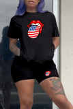 Black Casual Lips Printed Patchwork O Neck Short Sleeve Two Pieces