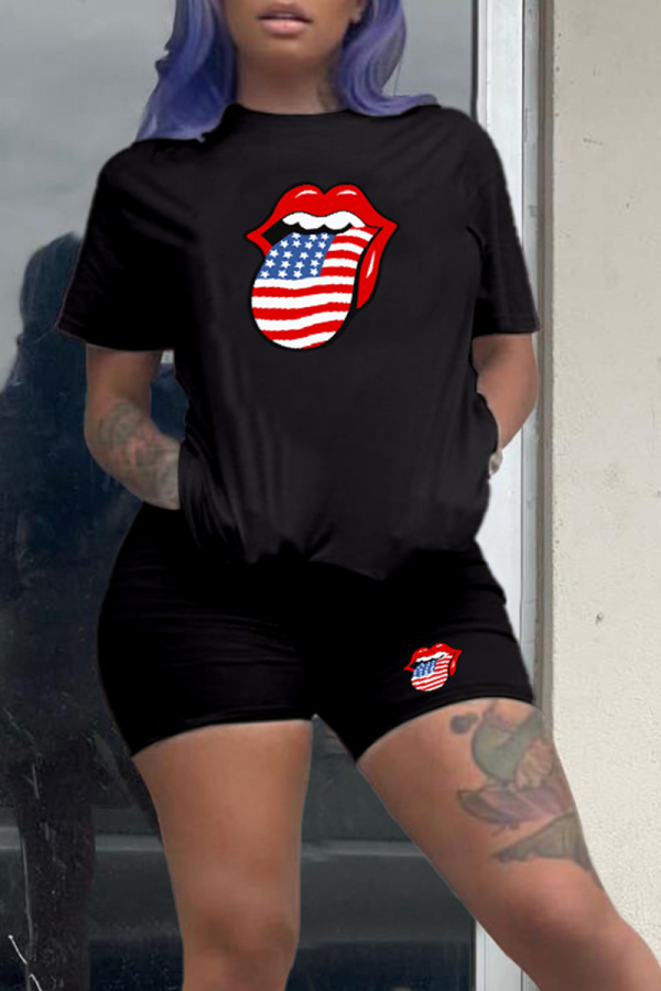 Black Casual Lips Printed Patchwork O Neck Short Sleeve Two Pieces