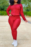 Red Casual Solid O Neck Long Sleeve Two Pieces