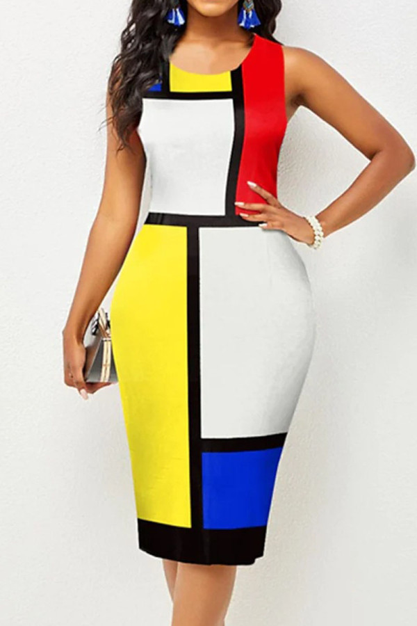 Yellow White Casual Print Patchwork O Neck One Step Skirt Dresses