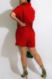 Red Casual Solid Pocket Buttons Turndown Collar Loose Rompers