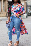 Blue Casual Print Patchwork Buckle V Neck Shirt Dress Dresses