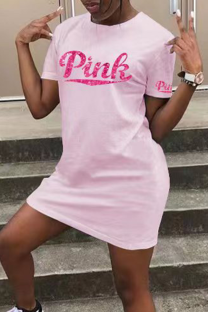 Pink Fashion Patchwork Sequins O Neck Pencil Skirt Dresses