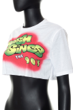 White Casual Print Patchwork O Neck T-Shirts