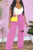 Pink Casual Solid Ripped Patchwork Straight High Waist Straight Solid Color Bottoms