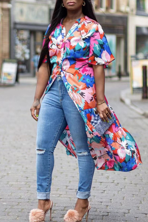Blue Casual Print Patchwork Buckle V Neck Shirt Dress Dresses
