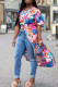 Blue Casual Print Patchwork Buckle V Neck Shirt Dress Dresses