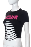 Black Sexy Print Hollowed Out Letter O Neck T-Shirts