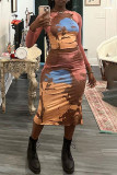 Pink Brown Casual Street Print Patchwork O Neck Long Sleeve Two Pieces