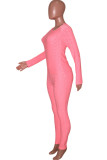 Pink Casual Solid O Neck Long Sleeve Two Pieces