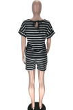 Black Fashion Active Striped Print Two Piece Suits Straight Short Sleeve Two Pieces