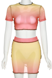 Colour Sexy Gradual Change Mesh O Neck Short Sleeve Two Pieces
